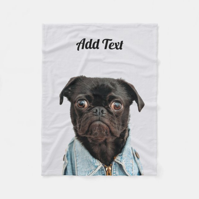Black Pug Dog Add Text Fleece Blanket (Front)