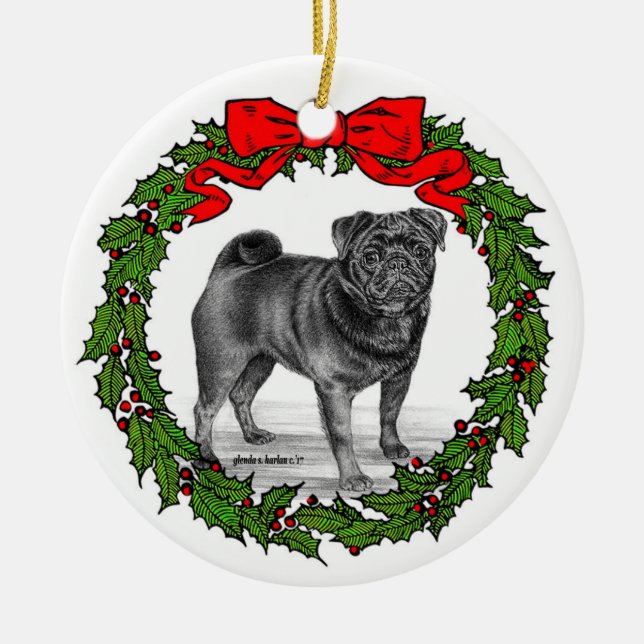 Black Pug Dog Art by Glenda S. Harlan Ceramic Tree Decoration (Front)