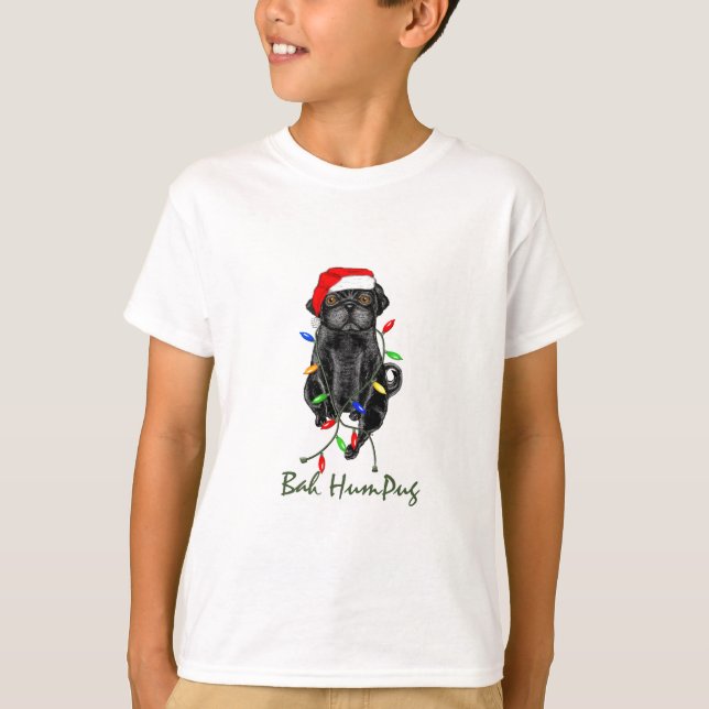 Black Pug Dog Bah Humpug Funny Christmas T-Shirt (Front)