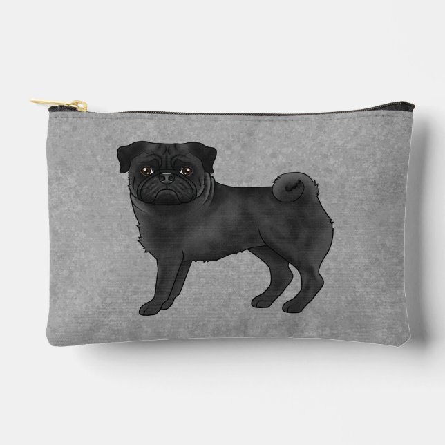 Black Pug Dog Canine Cartoon Illustration Grey Accessory Pouch (Front)