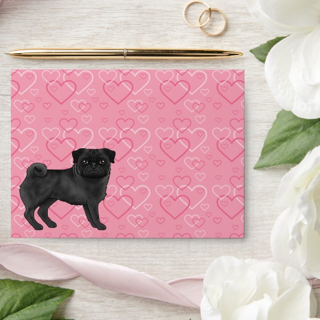 Black Pug Dog Cartoon Mops Love Heart Pattern Pink Envelope (Wedding)