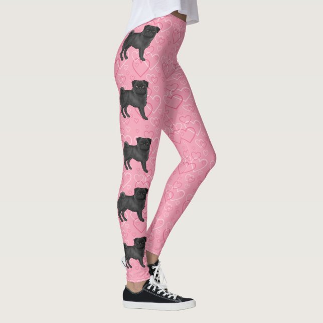 Black Pug Dog Cartoon Mops Love Heart Pattern Pink Leggings (Right)