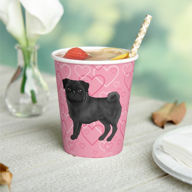 Black Pug Dog Cartoon Mops Love Heart Pattern Pink Paper Cups (Insitu)
