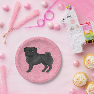Black Pug Dog Cartoon Mops Love Heart Pattern Pink Paper Plate