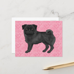 Black Pug Dog Cartoon Mops Love Heart Pattern Pink Postcard