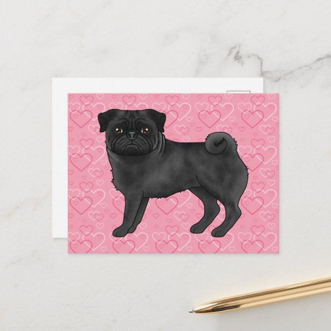 Black Pug Dog Cartoon Mops Love Heart Pattern Pink Postcard (Front/Back In Situ)