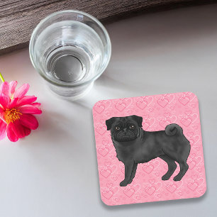 Black Pug Dog Cartoon Mops Pink Love Heart Pattern Coaster
