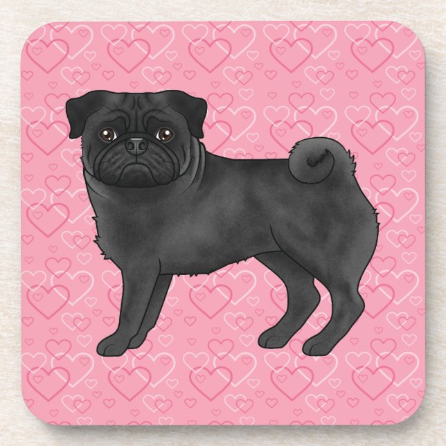 Black Pug Dog Cartoon Mops Pink Love Heart Pattern Coaster (Front)