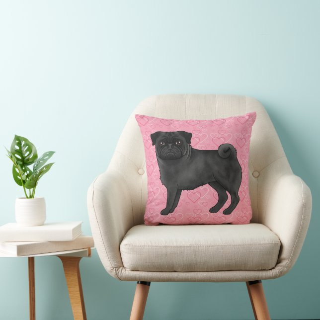 Black Pug Dog Cartoon Mops Pink Love Heart Pattern Cushion (Chair)