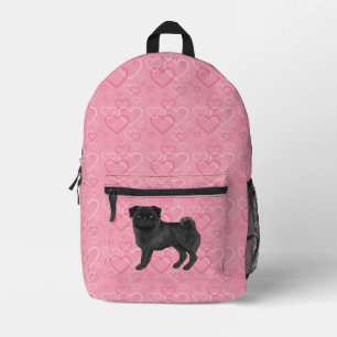 Black Pug Dog Cartoon Mops Pink Love Heart Pattern Printed Backpack