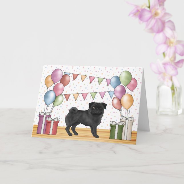 Black Pug Dog Colourful Pastels Happy Birthday Card (Orchid)