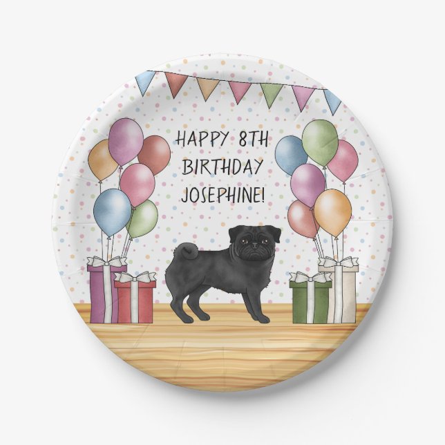 Black Pug Dog Colourful Pastels Happy Birthday Paper Plate (Front)