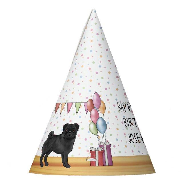 Black Pug Dog Colourful Pastels Happy Birthday Party Hat (Left)