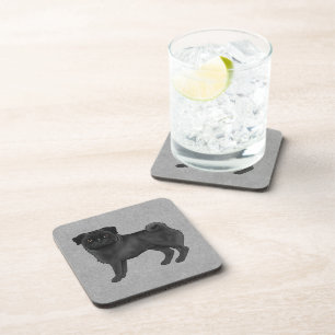 Black Pug Dog Cute Cartoon Dog Animal On Grey Coaster