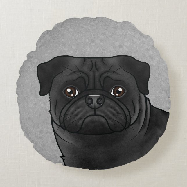 Black Pug Dog Cute Cartoon Dog Head Close-Up Grey Round Cushion (Front)
