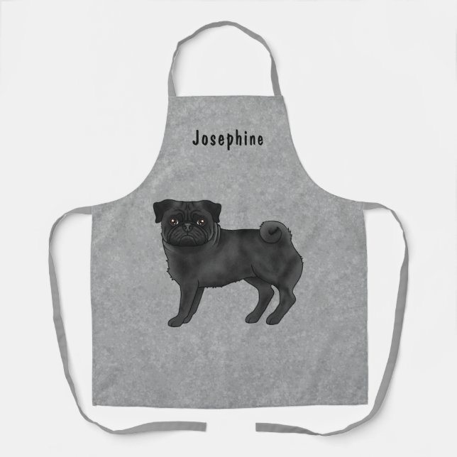 Black Pug Dog Cute Cartoon Dog With Name Grey Apron (Front)