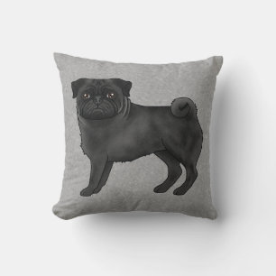 Black Pug Dog Cute Cartoon Illustration Grey Cushion