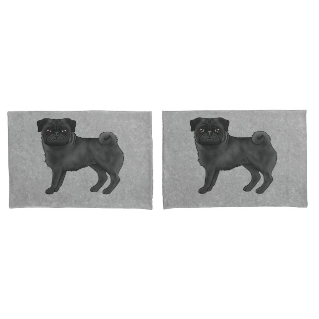 Black Pug Dog Cute Cartoon Illustration Grey Pillowcase (Front-Set)