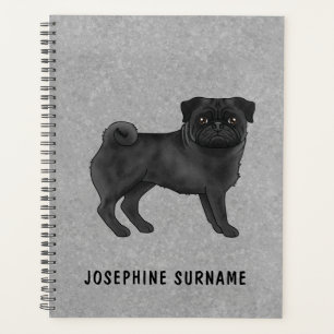 Black Pug Dog Cute Cartoon Mops Illustration Grey Planner