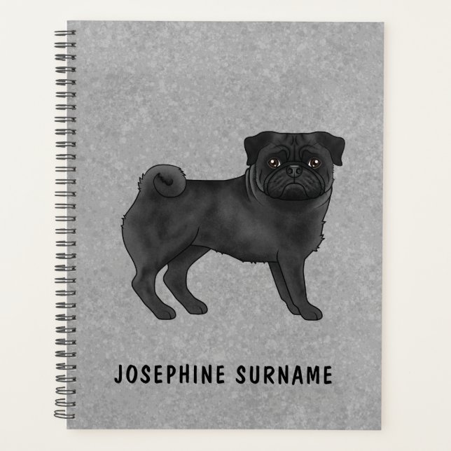 Black Pug Dog Cute Cartoon Mops Illustration Grey Planner (Front)