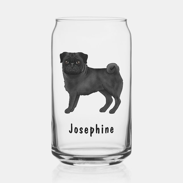 Black Pug Dog Cute Cartoon Mops With Custom Name Can Glass (Front)