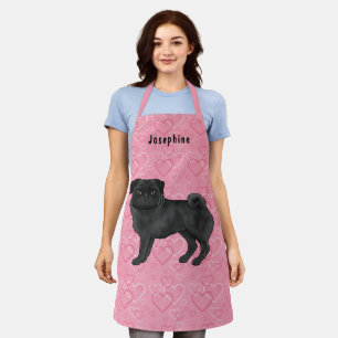 Black Pug Dog Cute Mops And Pink Hearts With Name Apron