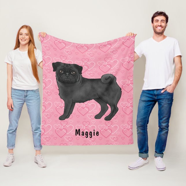 Black Pug Dog Cute Mops And Pink Hearts With Name Fleece Blanket (In Situ)