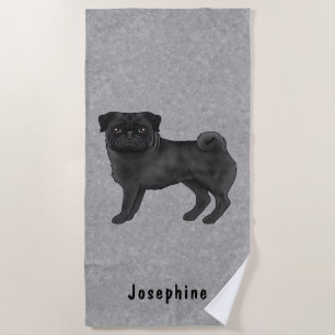 Black Pug Dog Cute Mops Dog Breed Design Grey Beach Towel