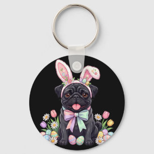 Black pug dog easter bunny eggs cute spring floral key ring