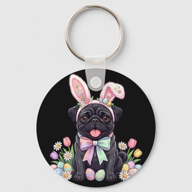 Black pug dog easter bunny eggs cute spring floral key ring (Front)