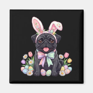 Black pug dog easter bunny eggs cute spring floral magnet