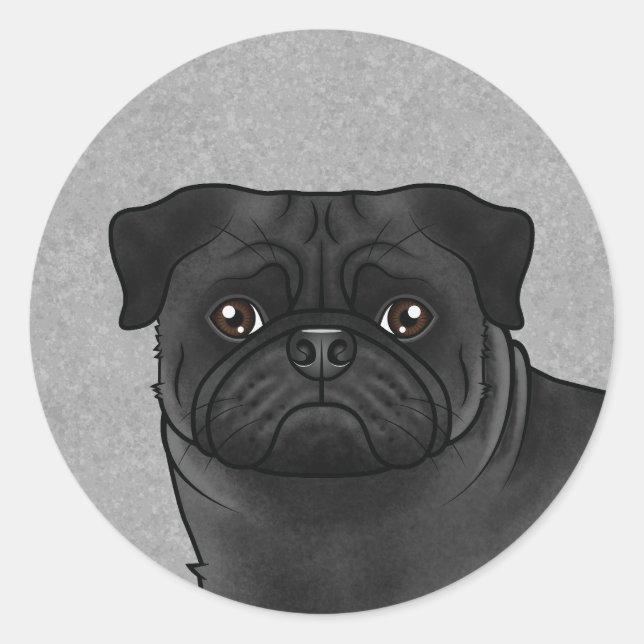 Black Pug Dog Face Close-Up Cartoon Illustration Classic Round Sticker (Front)