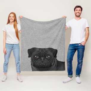 Black Pug Dog Head Close-Up Cartoon Illustration Fleece Blanket