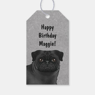 Black Pug Dog Head Close-up Happy Birthday Grey Gift Tags