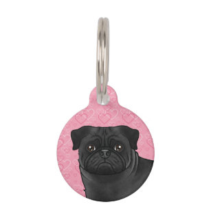 Black Pug Dog Head Close-Up On Pink Heart Pattern Pet Tag