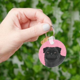 Black Pug Dog Head Close-Up On Pink Love Hearts Key Ring