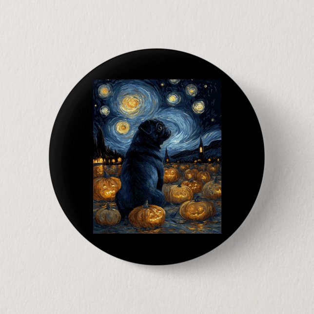 Black Pug dog of van gogh starry night halloween F 6 Cm Round Badge (Front)