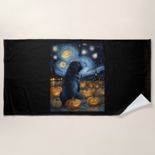 Black Pug dog of van gogh starry night halloween F Beach Towel