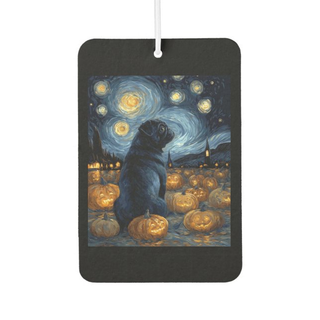 Black Pug dog of van gogh starry night halloween F Car Air Freshener (Front)