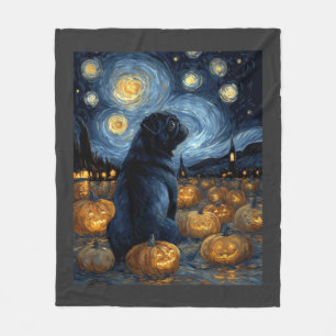 Black Pug dog of van gogh starry night halloween F Fleece Blanket
