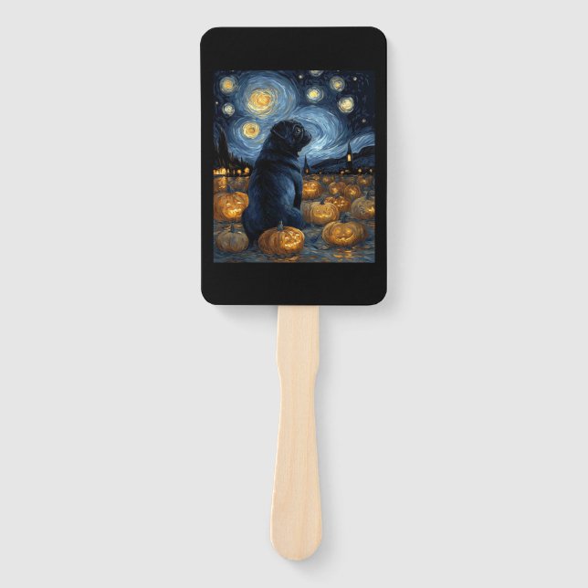 Black Pug dog of van gogh starry night halloween F Hand Fan (Front)
