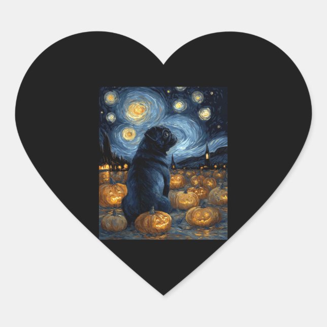 Black Pug dog of van gogh starry night halloween F Heart Sticker (Front)