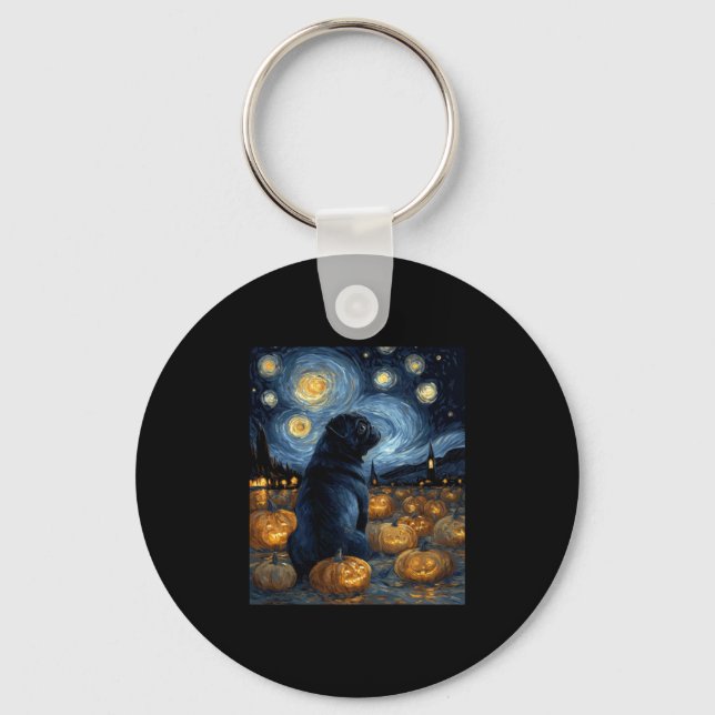 Black Pug dog of van gogh starry night halloween F Key Ring (Front)