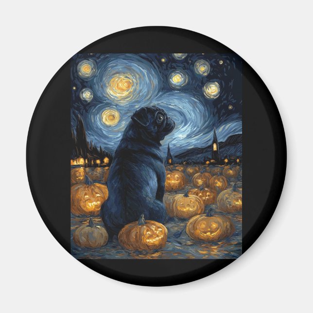 Black Pug dog of van gogh starry night halloween F Magnet (Front)