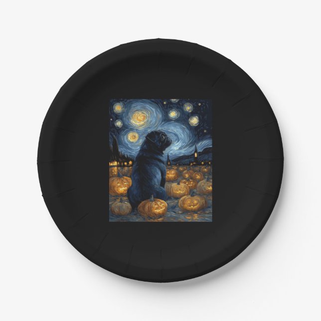 Black Pug dog of van gogh starry night halloween F Paper Plate (Front)