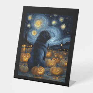 Black Pug dog of van gogh starry night halloween F Pedestal Sign