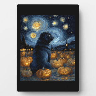 Black Pug dog of van gogh starry night halloween F Plaque