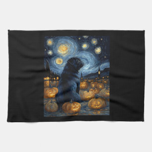 Black Pug dog of van gogh starry night halloween F Tea Towel