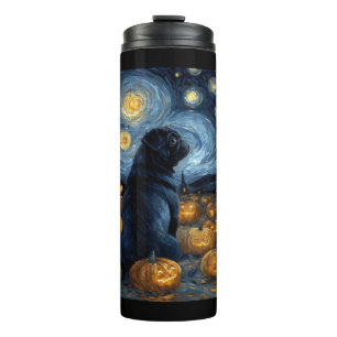 Black Pug dog of van gogh starry night halloween F Thermal Tumbler