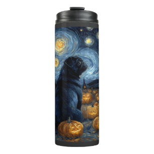 Black Pug dog of van gogh starry night halloween F Thermal Tumbler